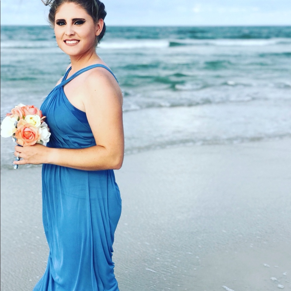 Steel Blue David’s Bridal Y Neck Bridesmaid Dress